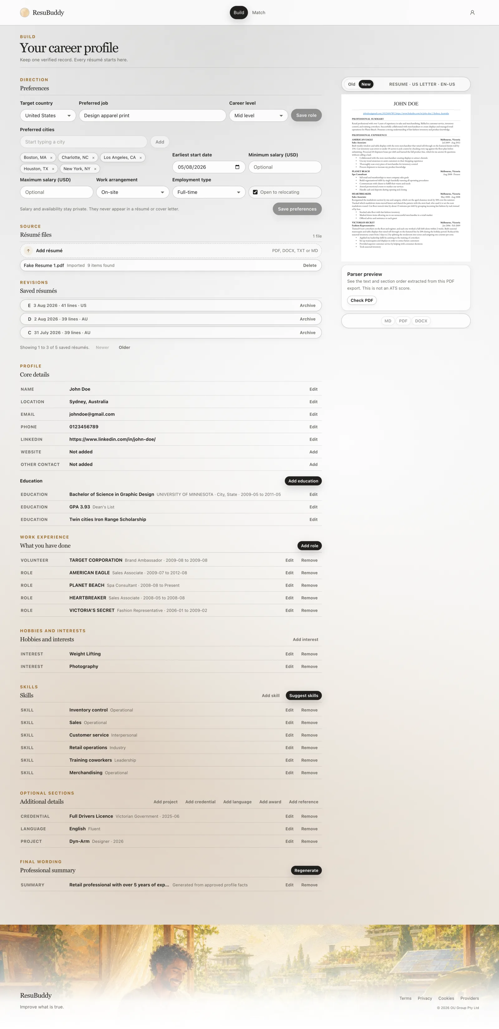 The Job Sort Build workspace showing career direction, source résumés, verified career facts, and résumé wording