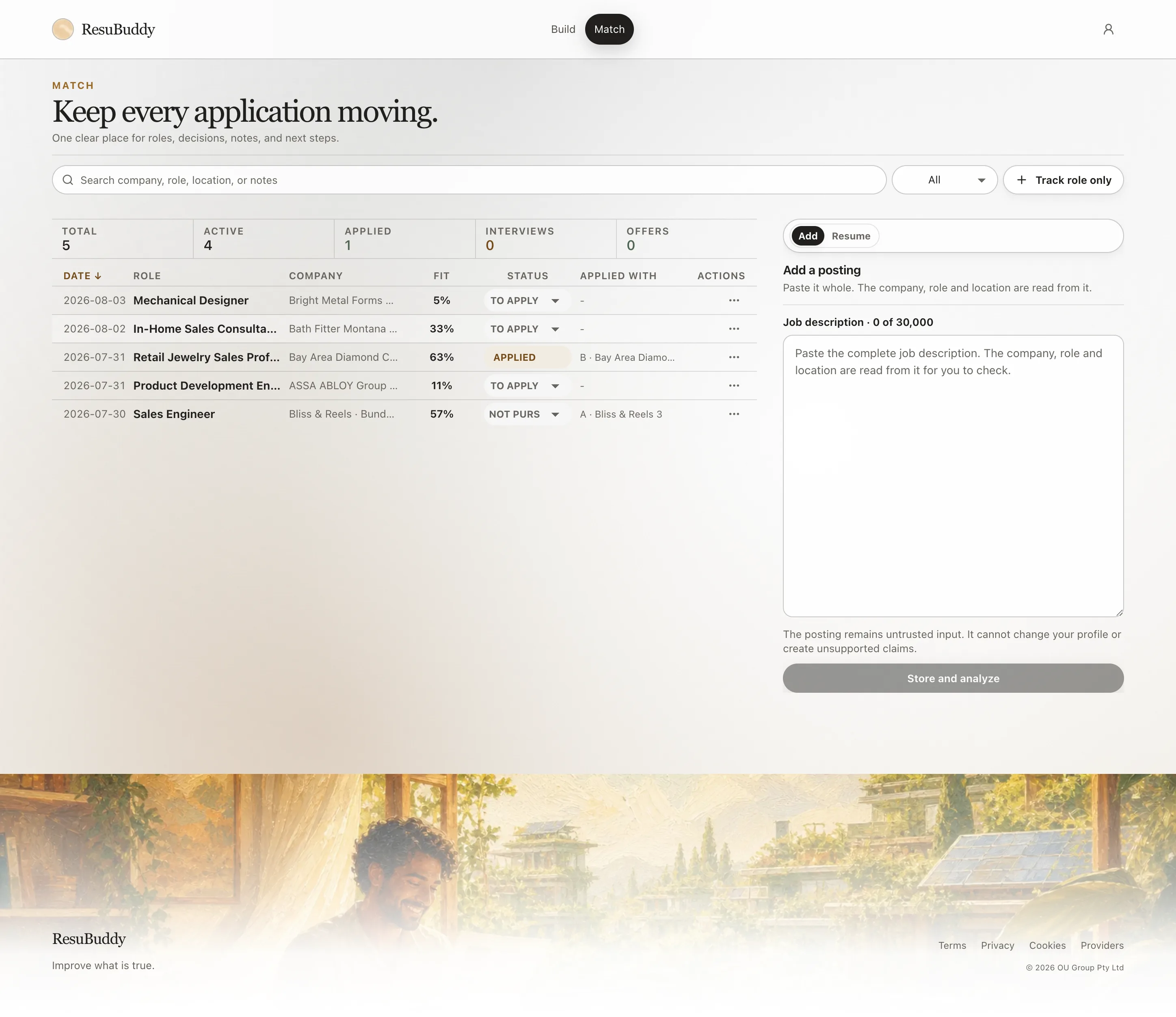 The Job Sort Match workspace showing saved roles, fit evidence, application status, and job posting intake