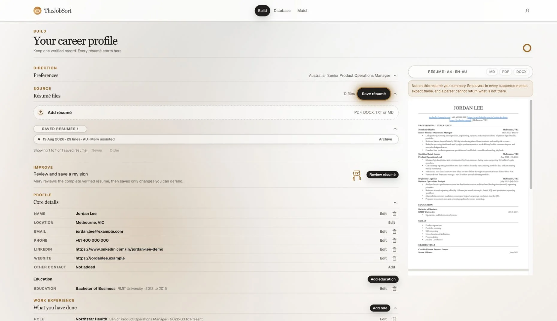 TheJobSort Build workspace showing a fictional career profile, saved résumé, verified experience, skills, and live résumé preview