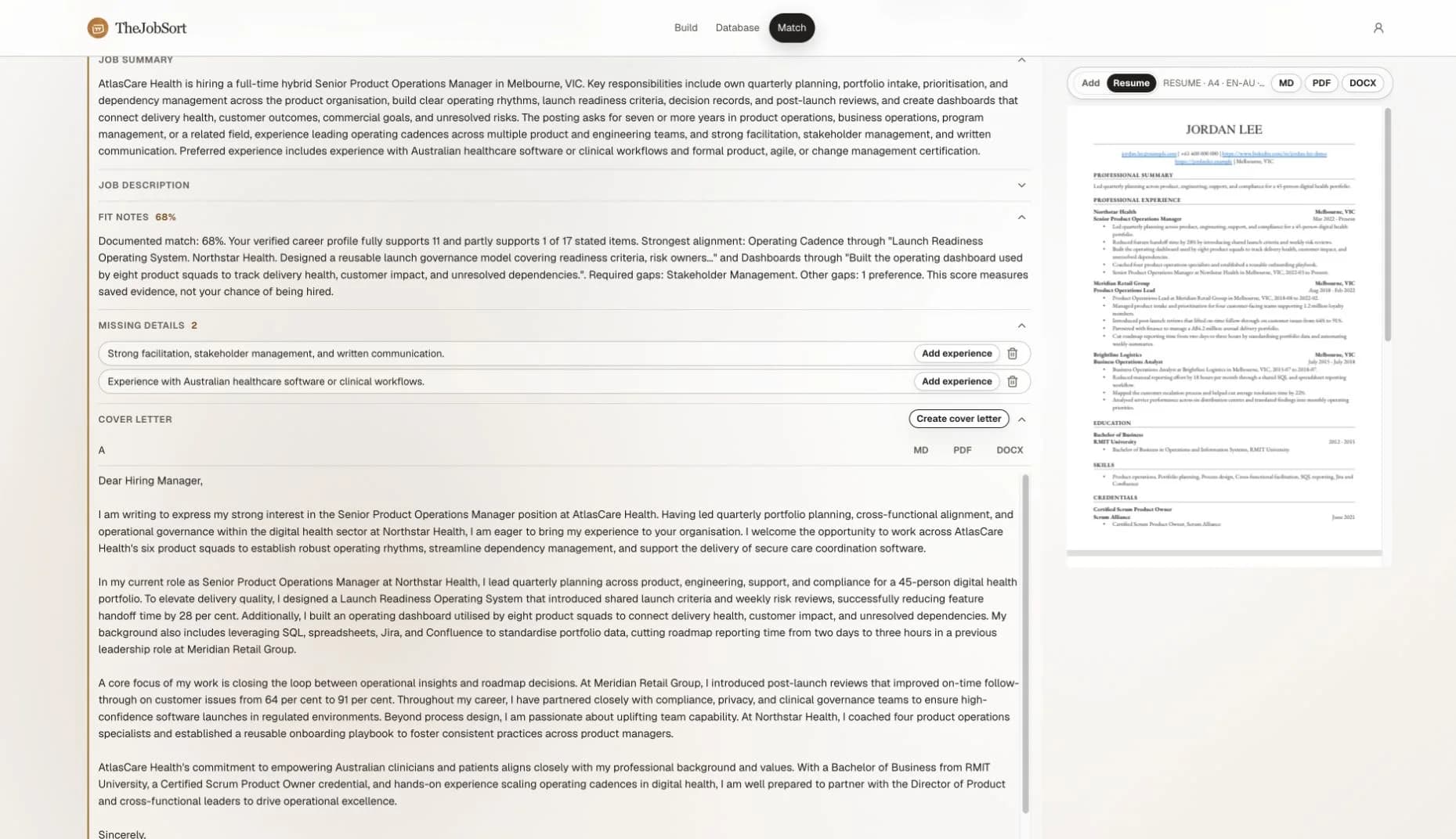 TheJobSort Match workspace showing a fictional job analysis, evidence gaps, cover letter, and tailored résumé